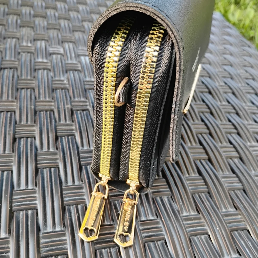 Forever Lovely Large Black Vegan Leather Wallet Clutch Gold Accents By Madley